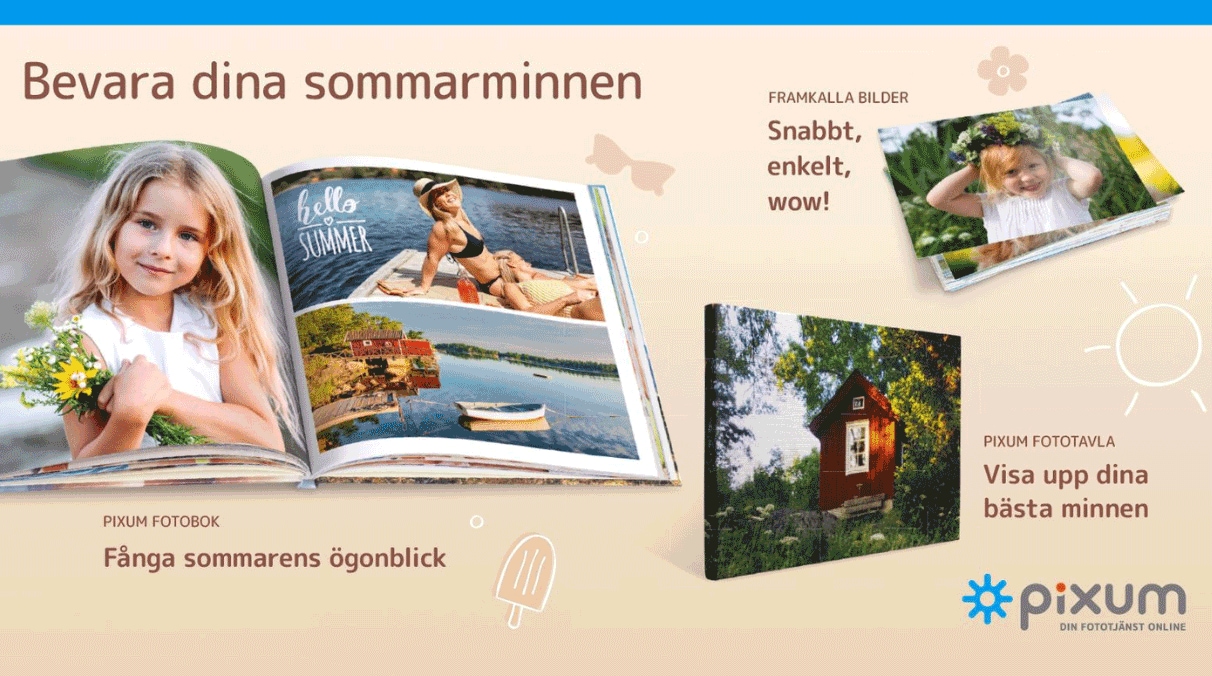 Auf einem beigen Hintergrund sind 3 Produkte des Online-Fotoservice Pixum abgebildet: Links ein Fotobuch mit Bildern von einem See in Skandinavien, rechts oben ein Kind mit einem Blumenkranz, rechts unten eine Foto-Leinwand mit einer typischen roten Holzhütte. Alle Texte sind in schwedischer Sprache, weil dieses Print-Mailing-Motiv im internationalen Marketing für Schweden bestimmt ist. Image Title Tag: Internationales Marketing: Print-Mailing für Skandinavien