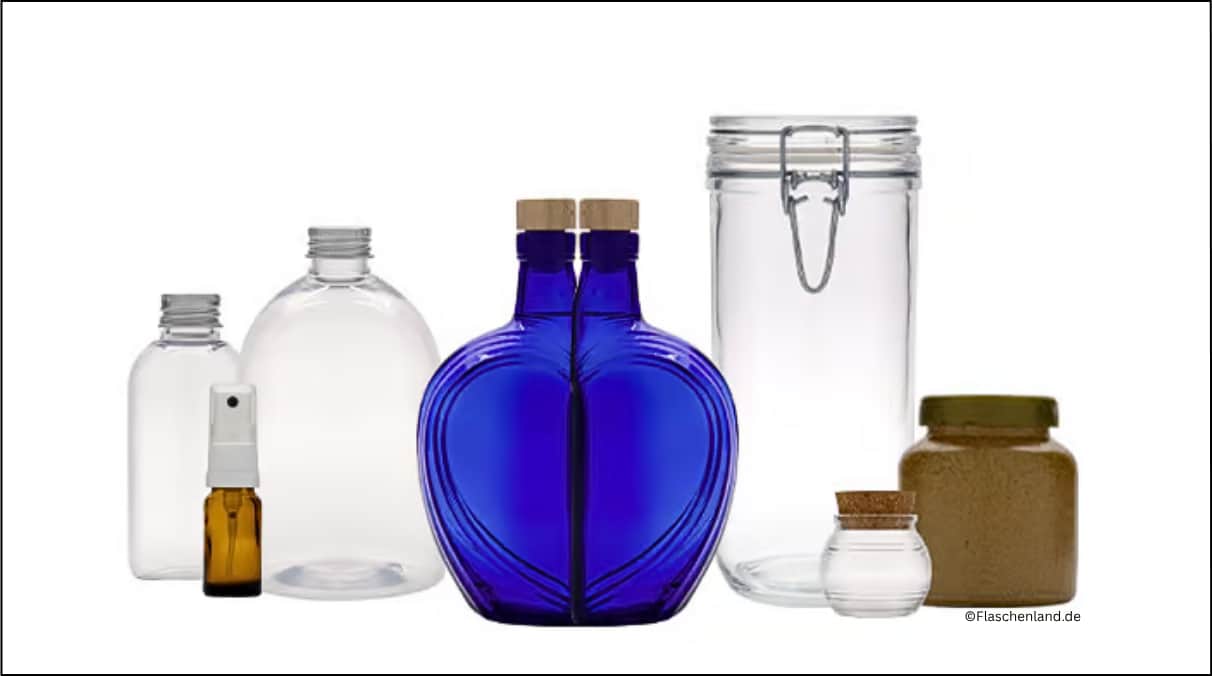 B2B-Marketing: Flaschen für Geschäftskunden Vor einem neutralen Hintergrund stehen sieben Gefäße aus dem Sortiment von Flaschenland für B2B-Kunden
