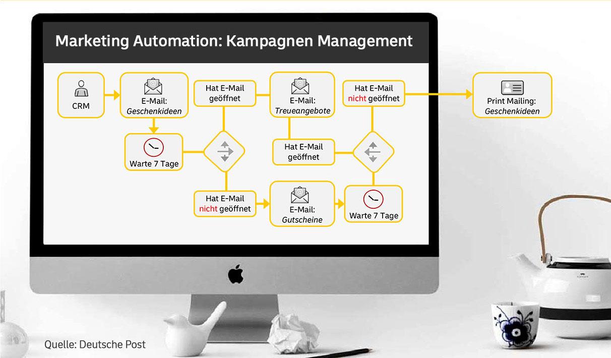 Auf einem Computer-Bildschirm wird ein fiktiver Entscheidungsbaum für eine Marketing-Automation dargestellt, der anzeigt, welche Maßnahme auf welche Kundenreaktion erfolgt.