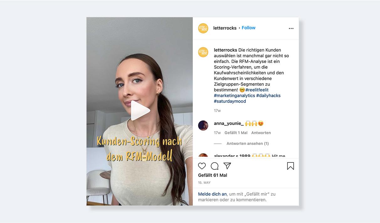 Auf einem Instagram-Post für ein Video ist eine junge Frau abgebildet. Auf dem Bild steht: "Kunden-Scoring nach dem RFM-Modell". Daneben sieht man die Kommentar-Linie auf dem Instagram-Profil von Letterrocks.