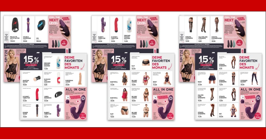 Abgebildet sind von links nach rechts drei verschiedene Varianten des Print-Mailings von Orion Versand: Gleich sind jeweils Felder mit der Abbildung eines Spitzen-Korsetts, von Vibratoren und mit dem Angebot 15 %. Die Vorschläge einzelner Produkte in kleineren Kacheln unterscheiden sich.