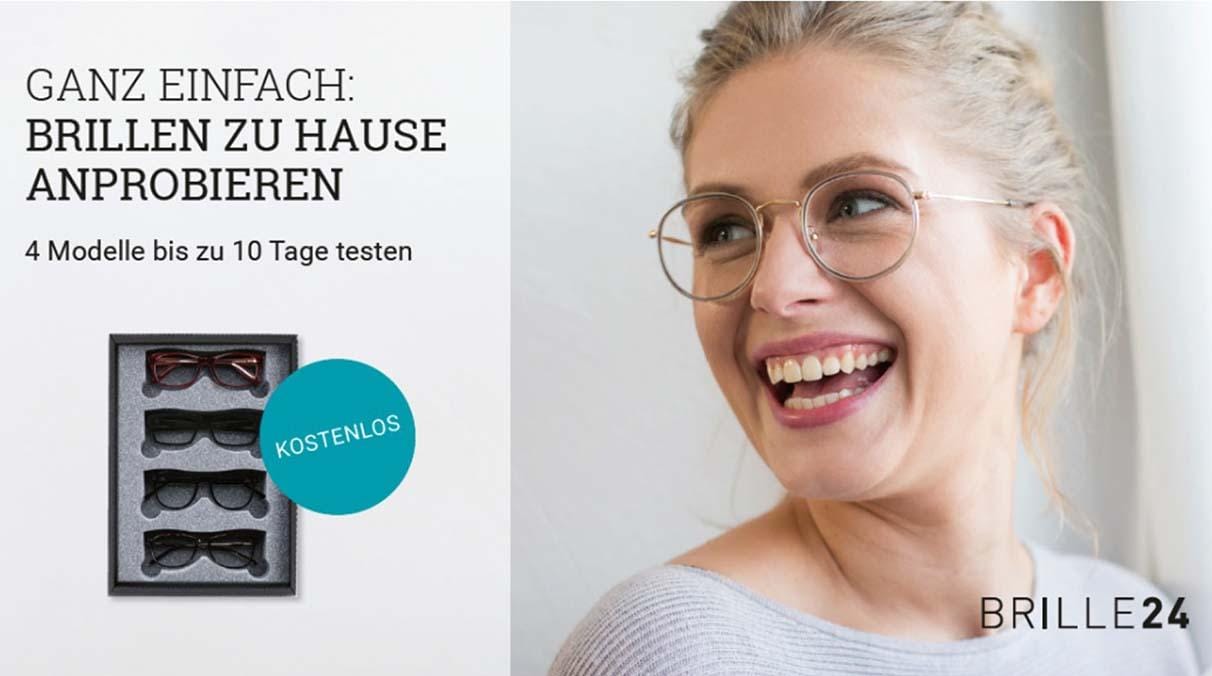 Werbeschreiben zum Testen neuer Brillenmodelle mit blonder Frau mit Brille