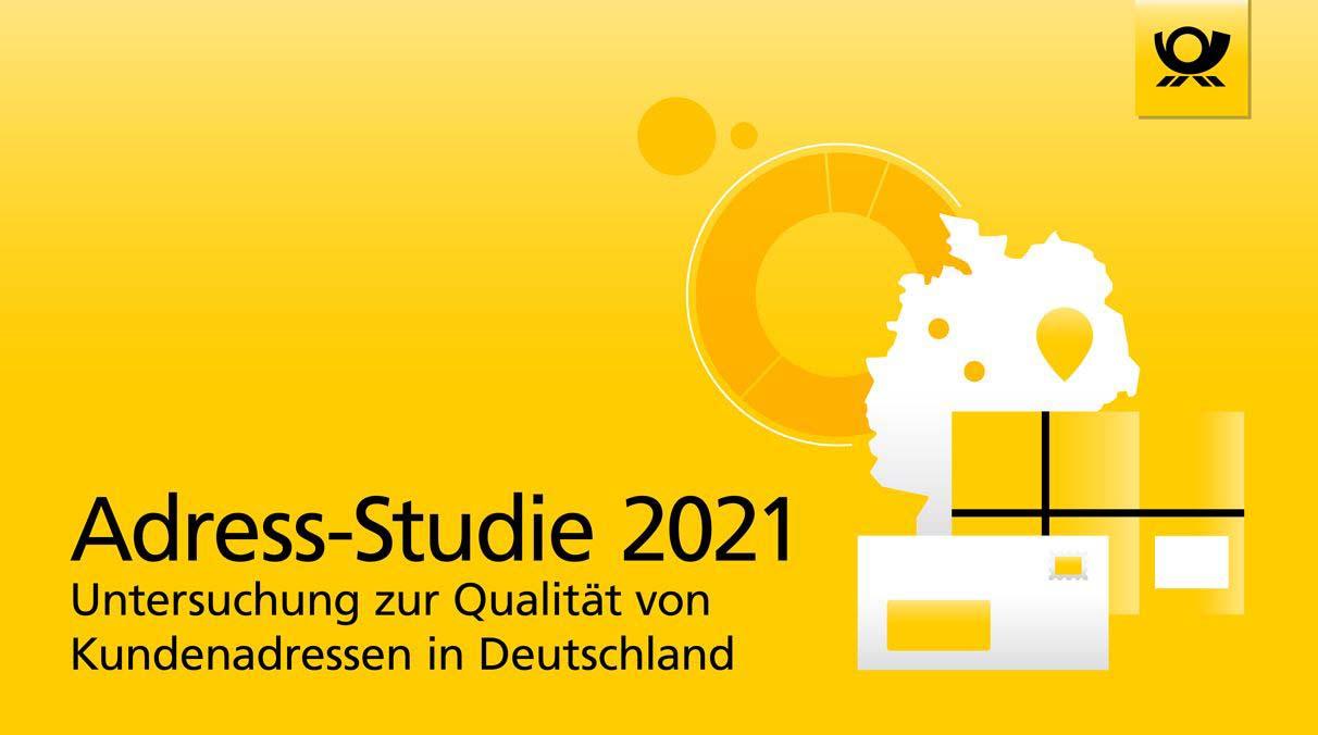 Titel der Adress-Studie 2021 Adressqualität in gelb mit Logo der Deutschen Post