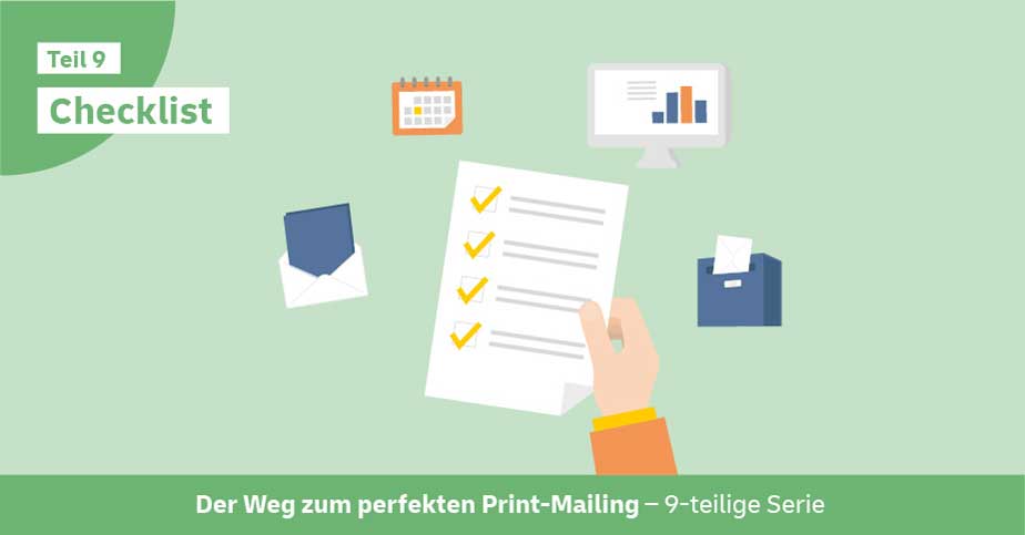Die Illustration zeigt mehrere Grafiken zum Thema "Das perfekte Print-Mailing". Es soll darstellen, worauf beim letzten Check geachtet werden soll. 