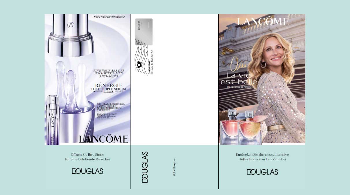 Print-Mailing von Douglas mit verschiedenen Anzeigen für Beauty-Produkte, unter anderem mit Julia Roberts.