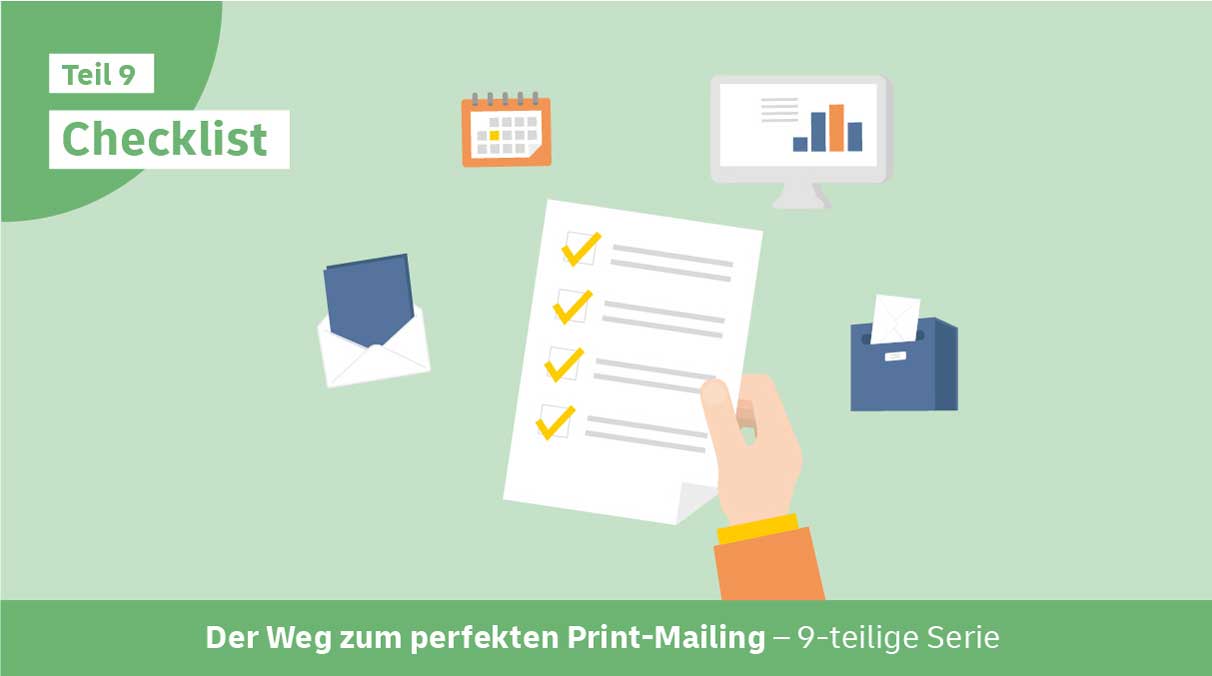 Die Illustration zeigt mehrere Grafiken zum Thema "Das perfekte Print-Mailing". Es soll darstellen, worauf beim letzten Check geachtet werden soll. 